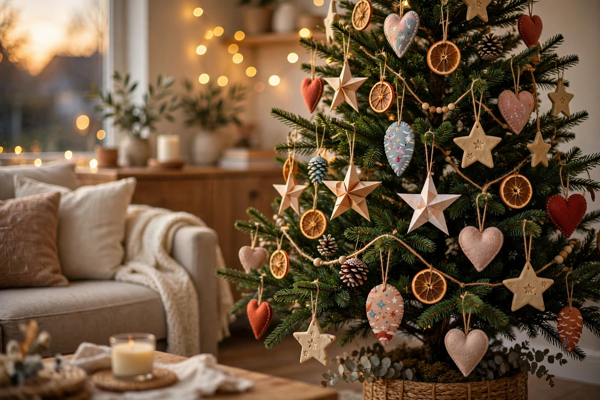 Weihnachtsbaum mit selbstgebasteltem Baumschmuck aus Papiersternen, Orangenscheiben und Tannenzapfen im warmen Lichterglanz