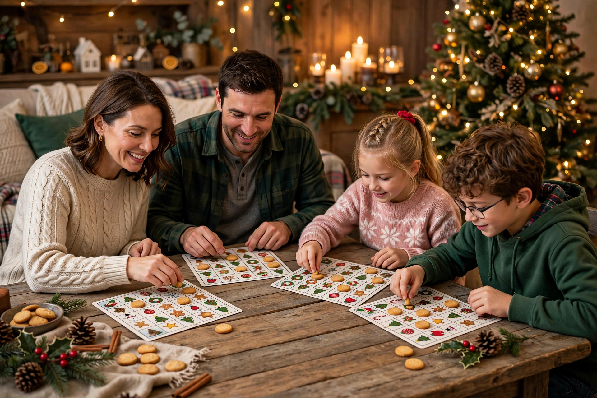 Familie spielt Weihnachtsbingo mit selbstgedruckten Karten am festlich gedeckten Tisch