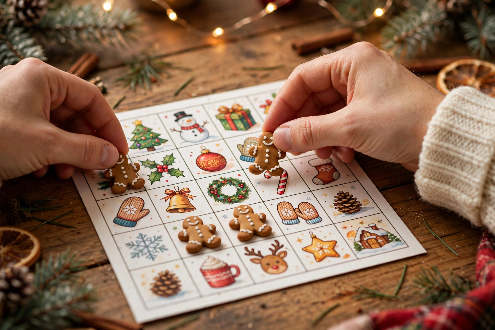 Hände legen Lebkuchen-Plätzchen als Spielsteine auf eine Weihnachtsbingo-Karte