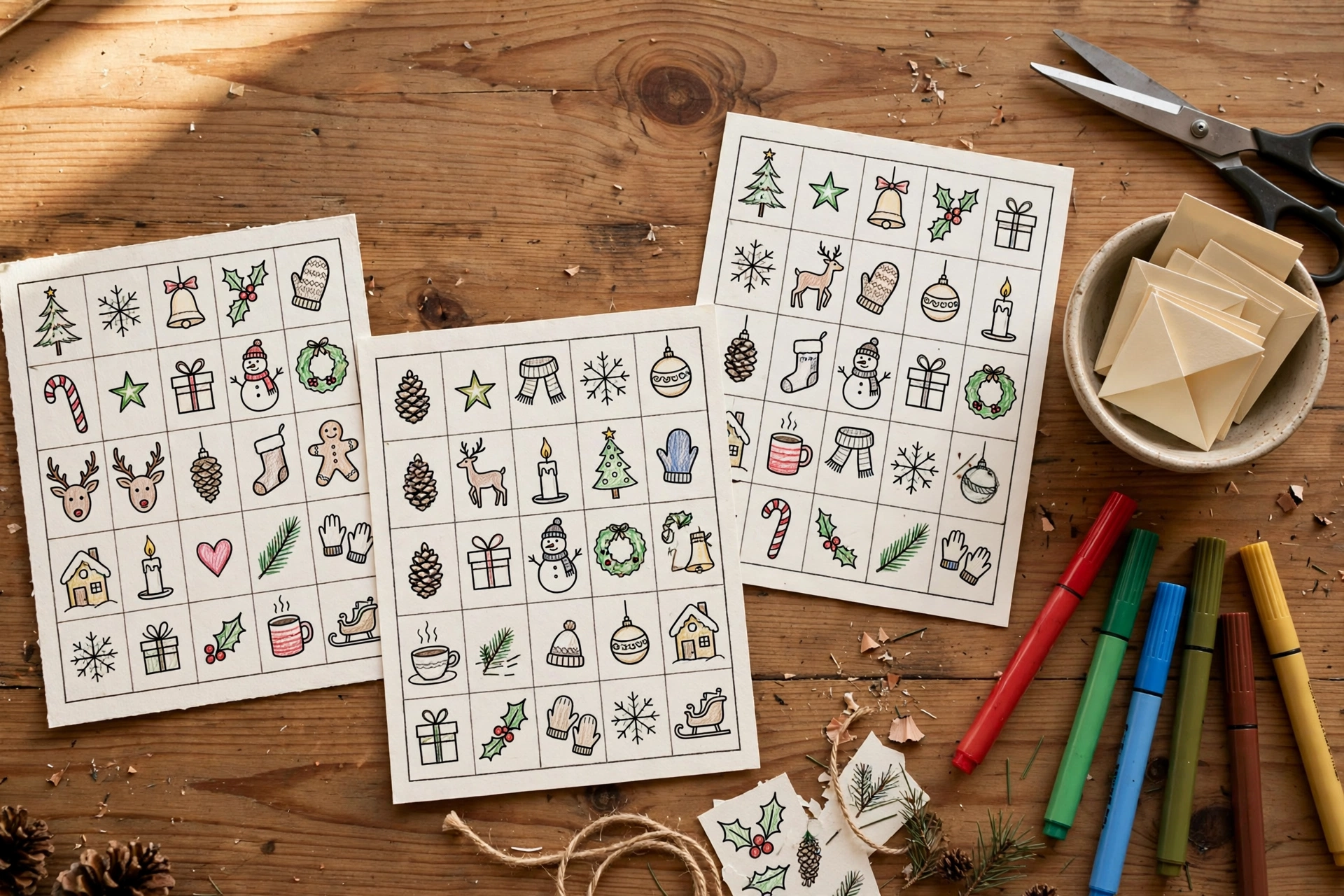 Selbstgestaltete Weihnachtsbingo-Karten mit weihnachtlichen Motiven
