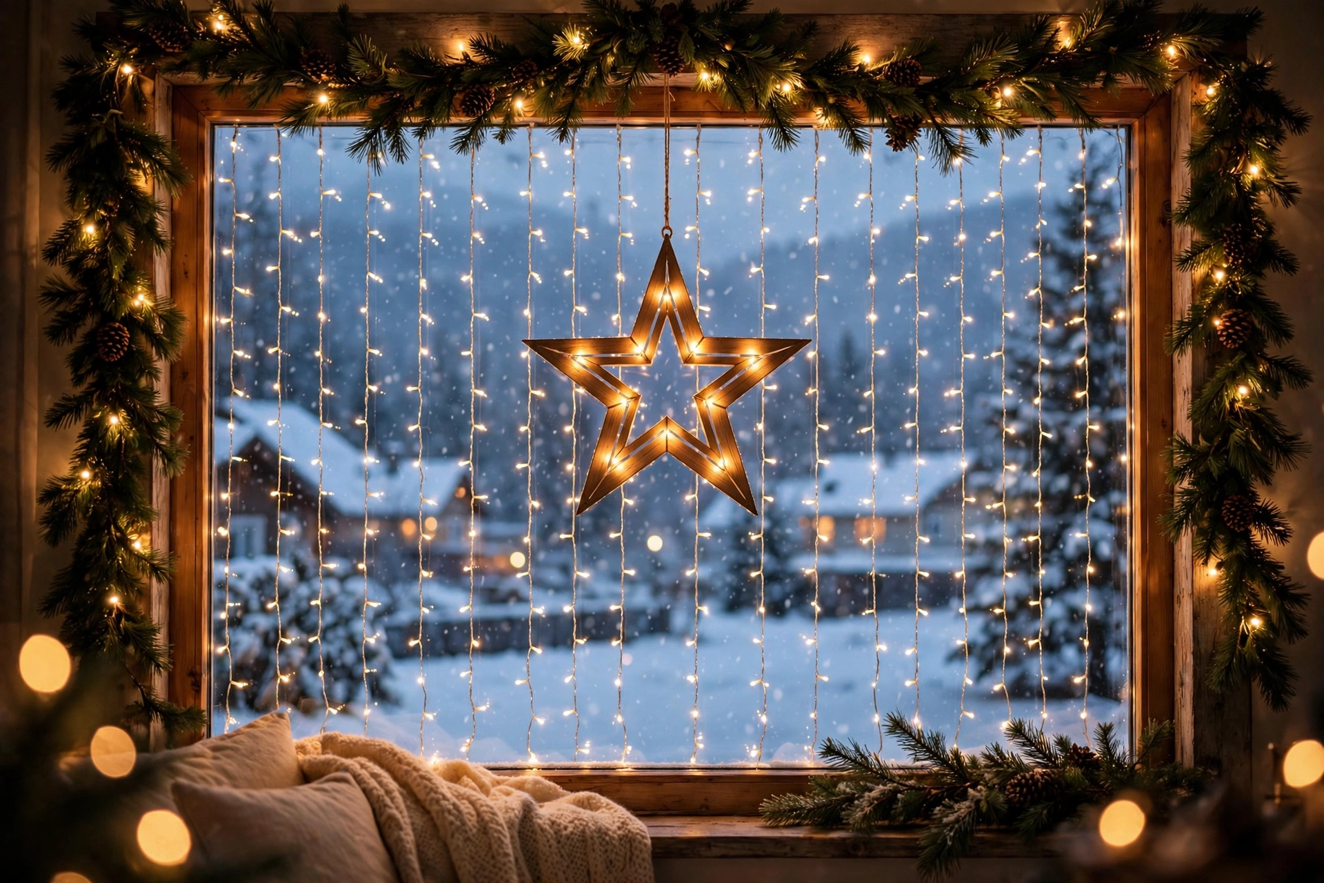 Weihnachtlich dekoriertes Fenster mit Lichtervorhang, leuchtendem Holzstern und Tannengirlande
