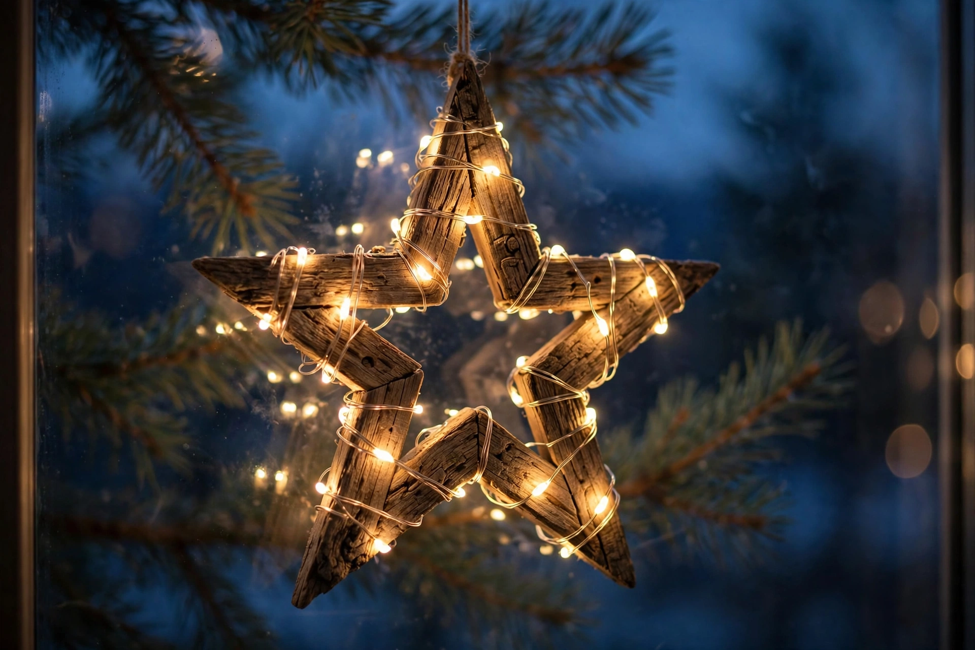 Leuchtender Holzstern mit Lichterkette im Weihnachtsfenster