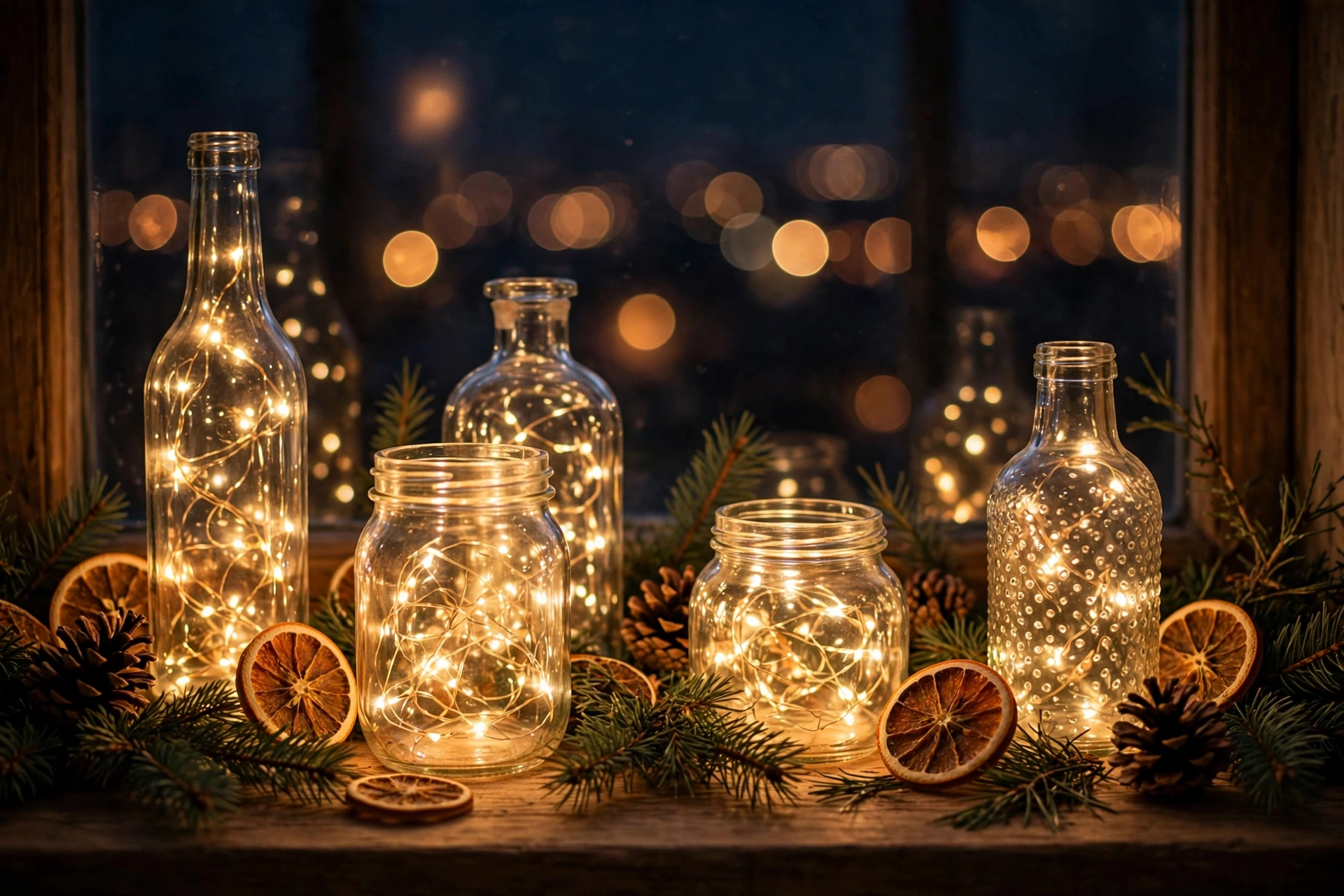 Glasflaschen mit Lichterketten auf der Fensterbank