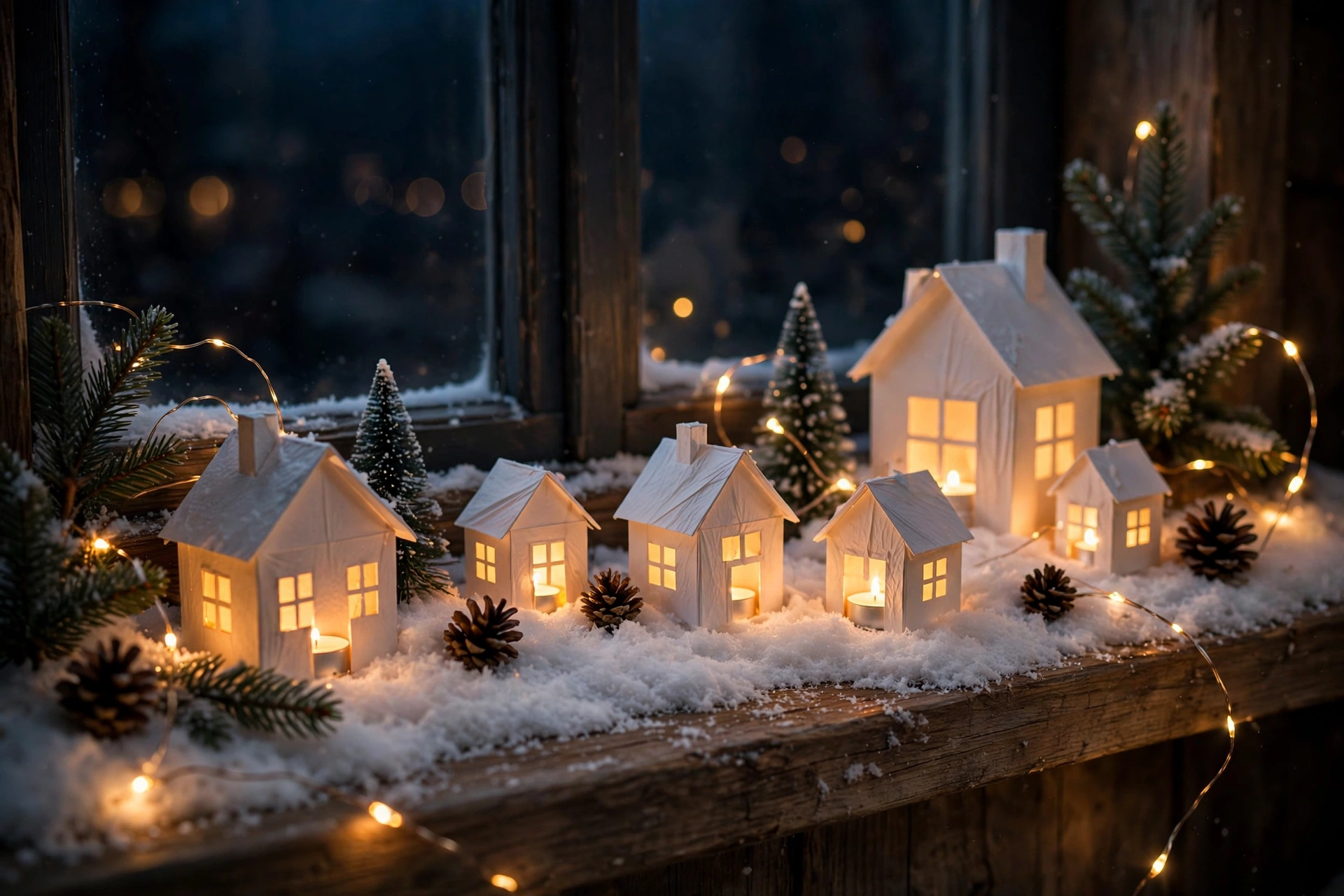 Leuchtendes Winterdorf aus Papierhäusern auf der Fensterbank
