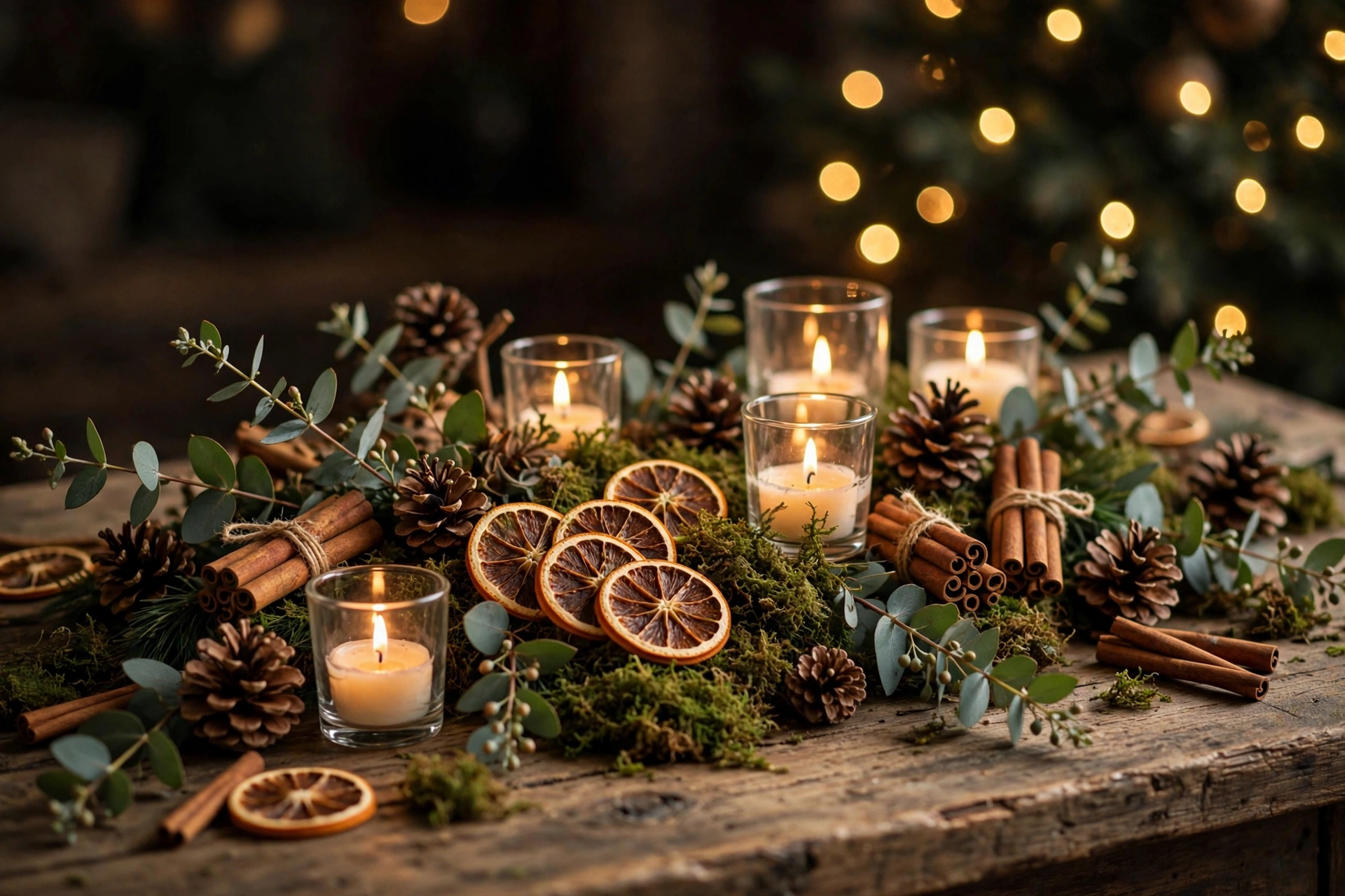 Weihnachtsdeko aus Naturmaterialien: Tannenzapfen, Orangenscheiben, Zimt und Kerzen auf Holztisch