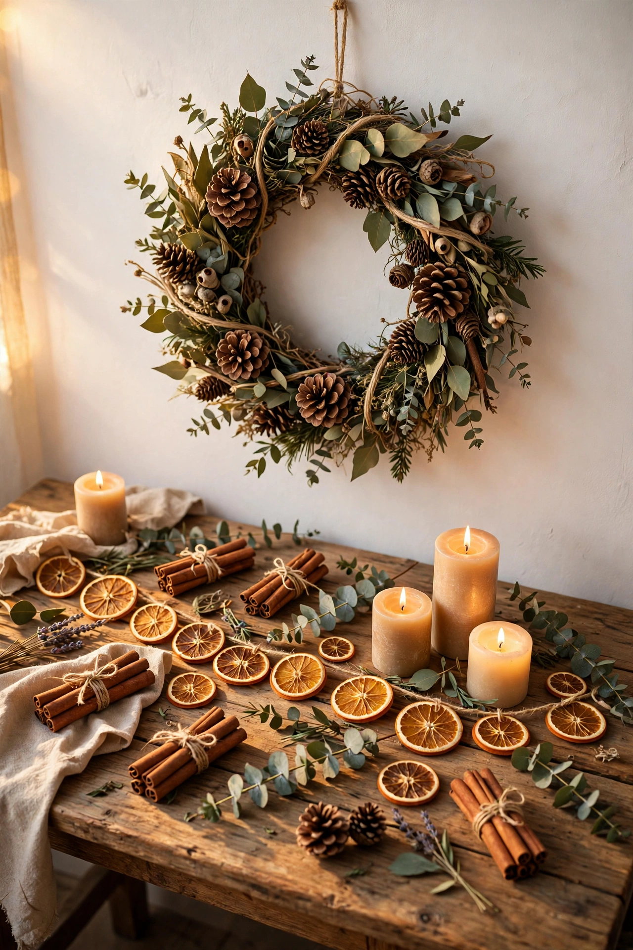 Weihnachtsdeko aus Naturmaterialien: Tannenzapfen, Orangenscheiben, Zimt und Kerzen auf Holztisch