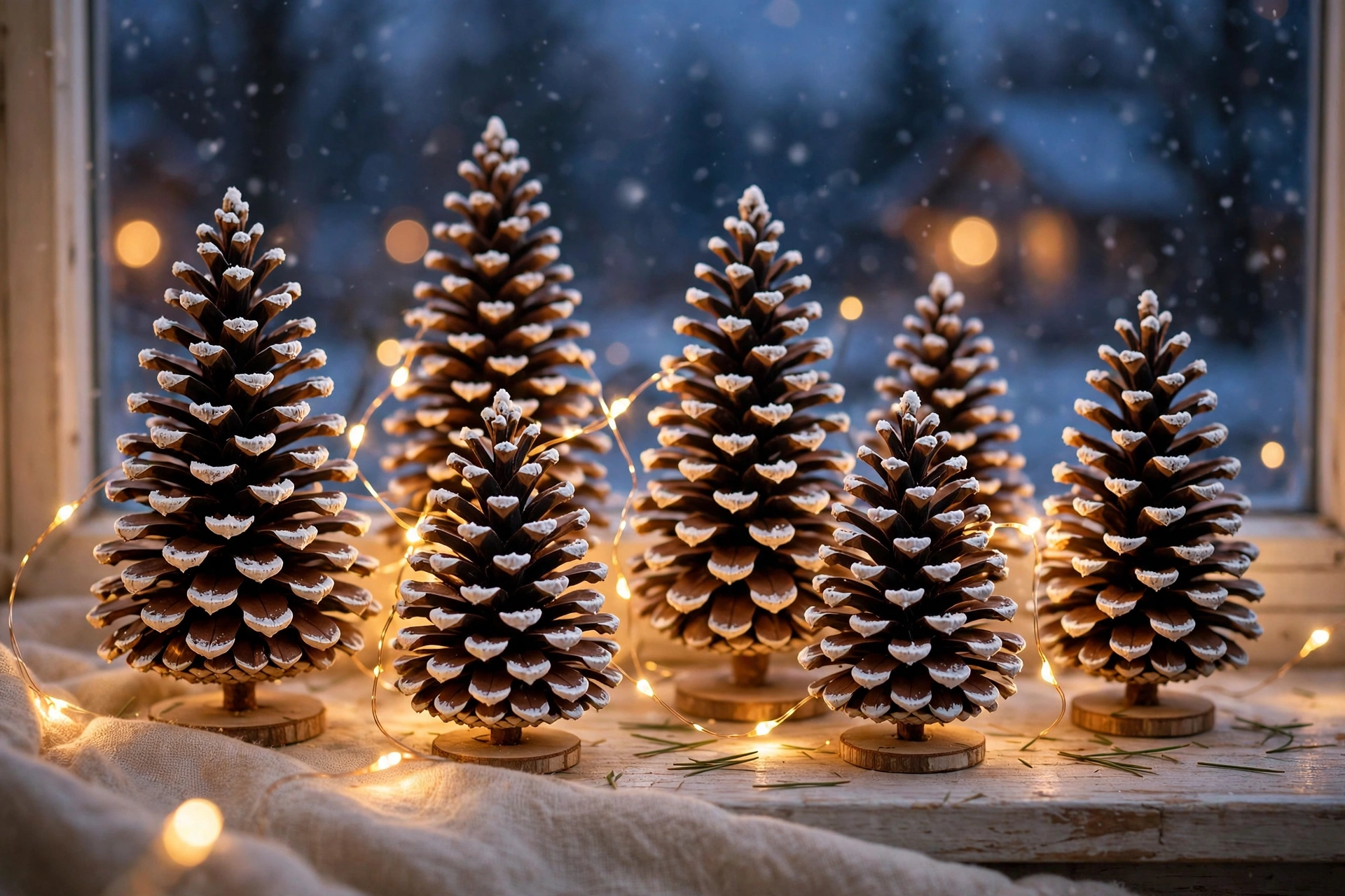 Mini-Weihnachtsbäume aus Tannenzapfen mit Schnee und Lichterkette