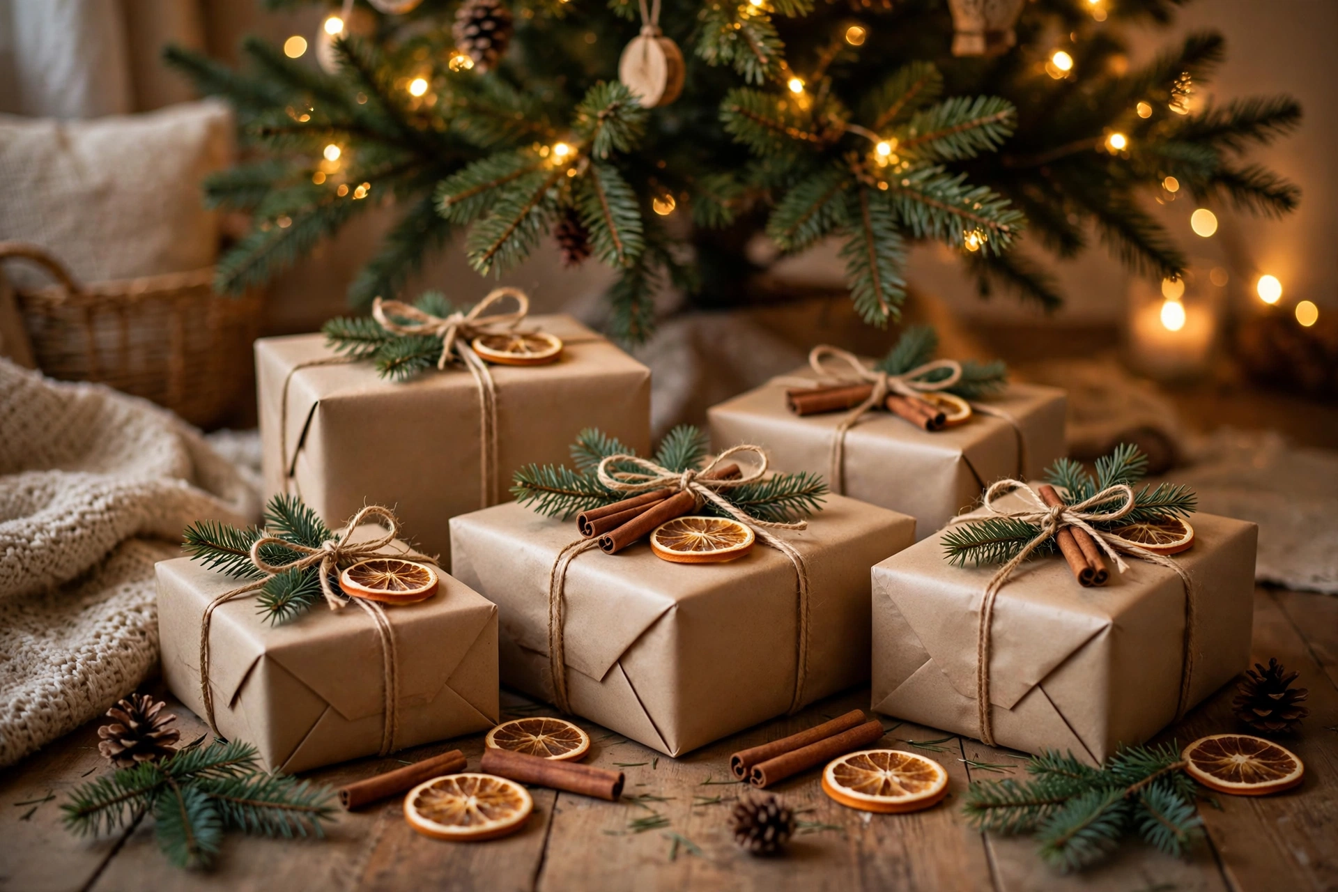 Liebevoll verpackte Weihnachtsgeschenke in Kraftpapier mit Jutekordel, Tannenzweigen und Zimtstangen unter einem Weihnachtsbaum