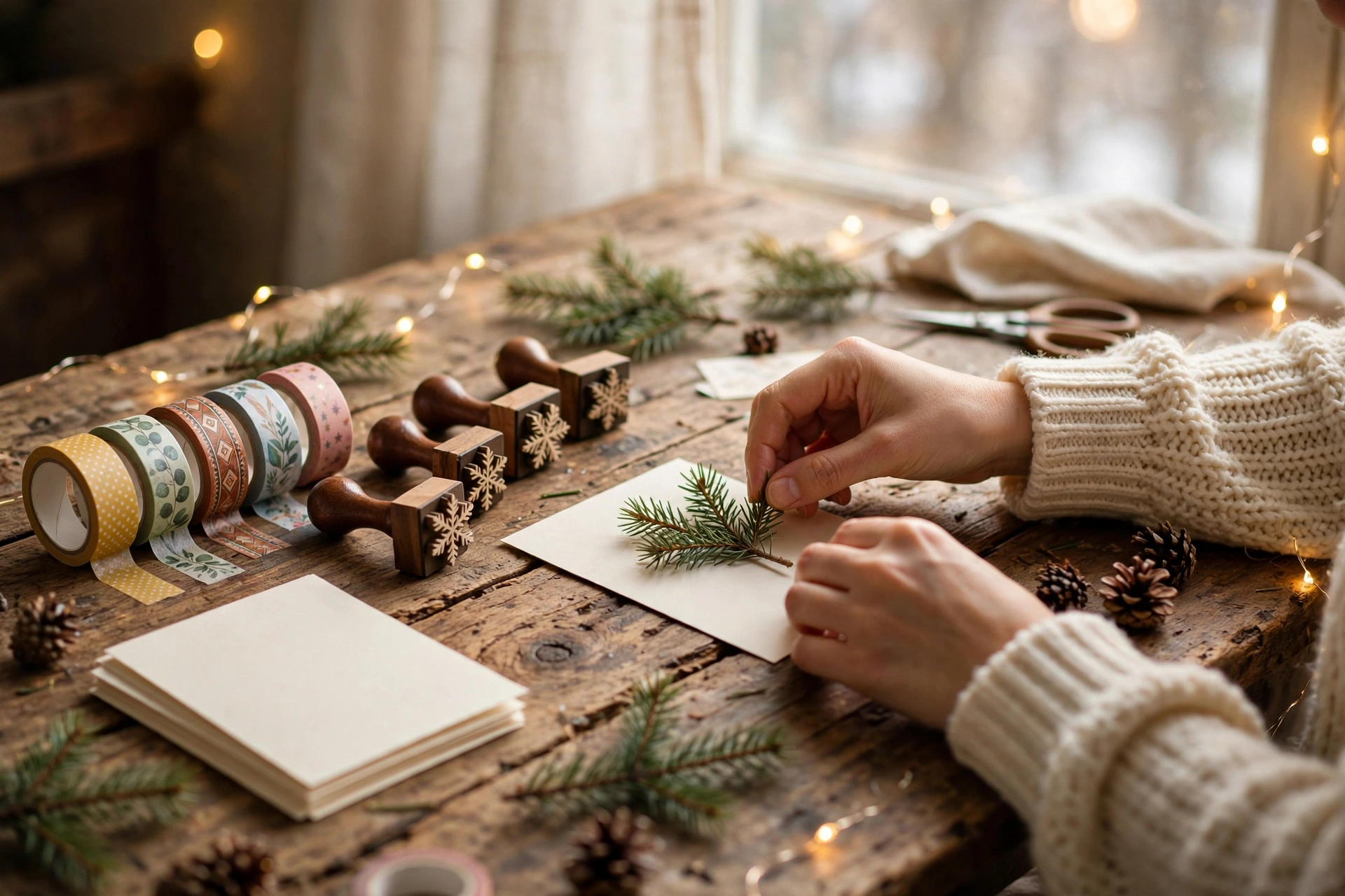 Hände basteln Weihnachtskarten mit Washi-Tape und Stempeln am Holztisch