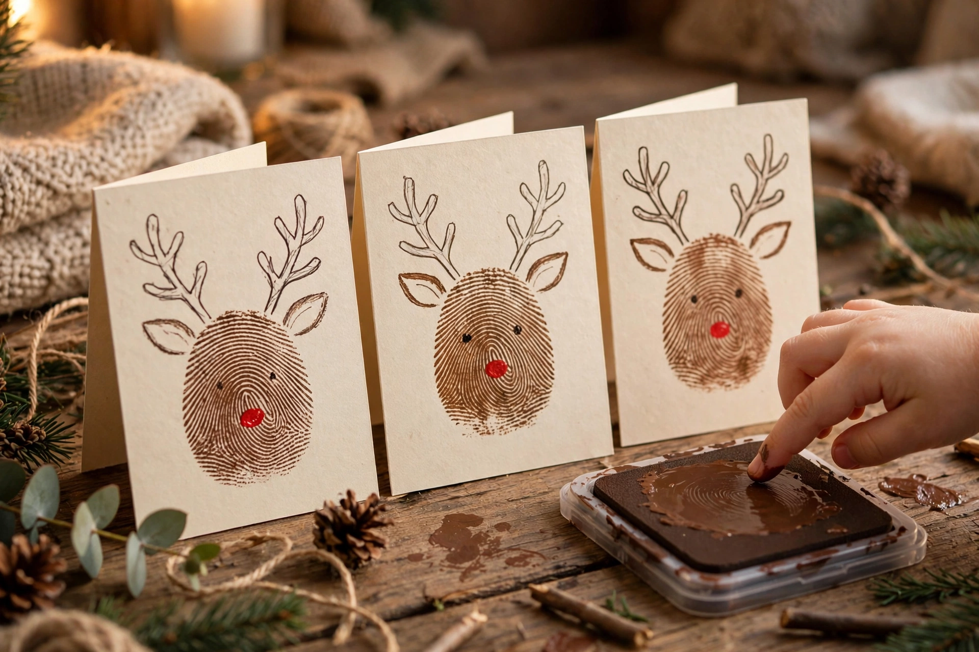 Weihnachtskarten mit Fingerabdruck-Rentieren und roter Rudolph-Nase