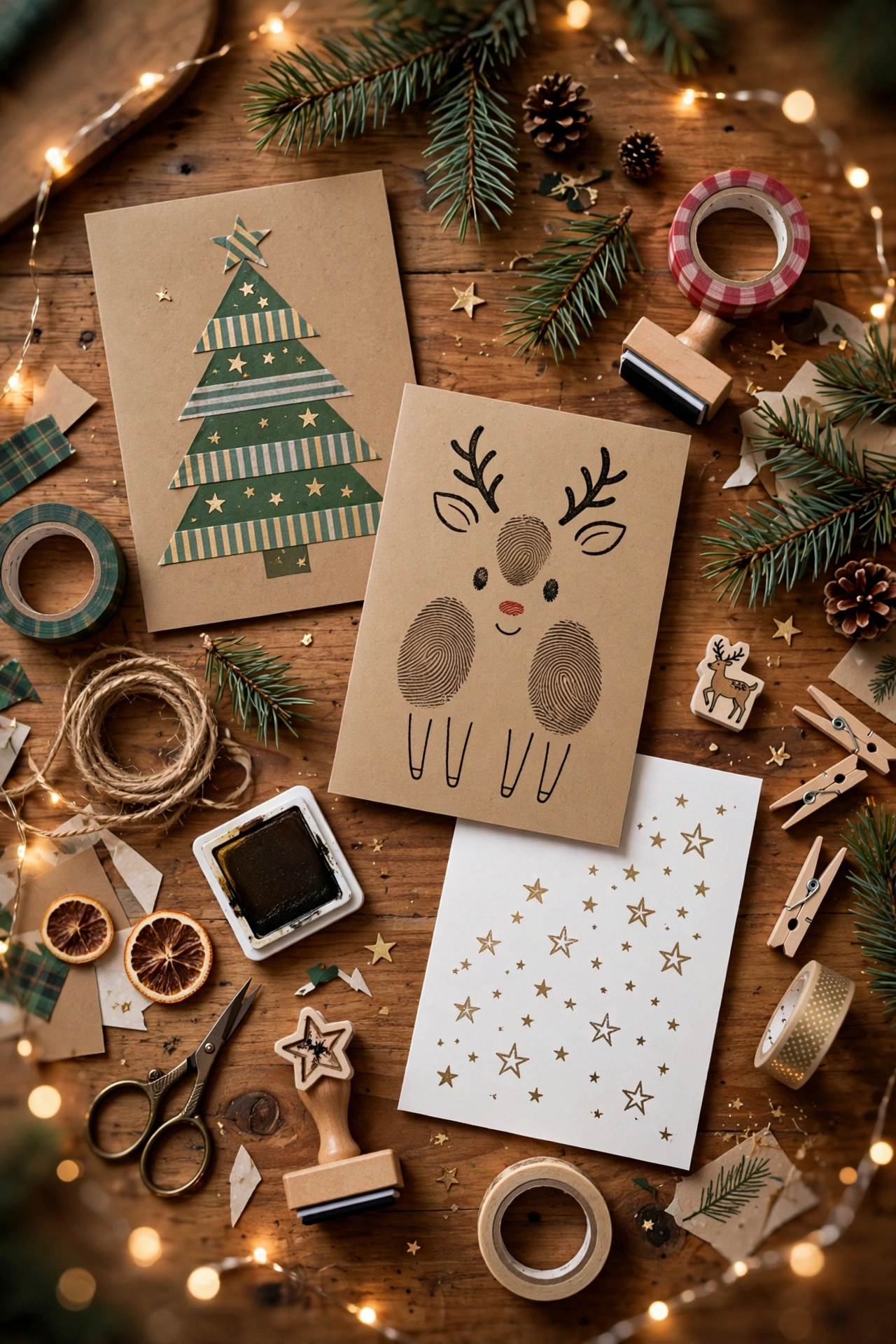 Hände basteln Weihnachtskarten mit Washi-Tape und Stempeln am Holztisch