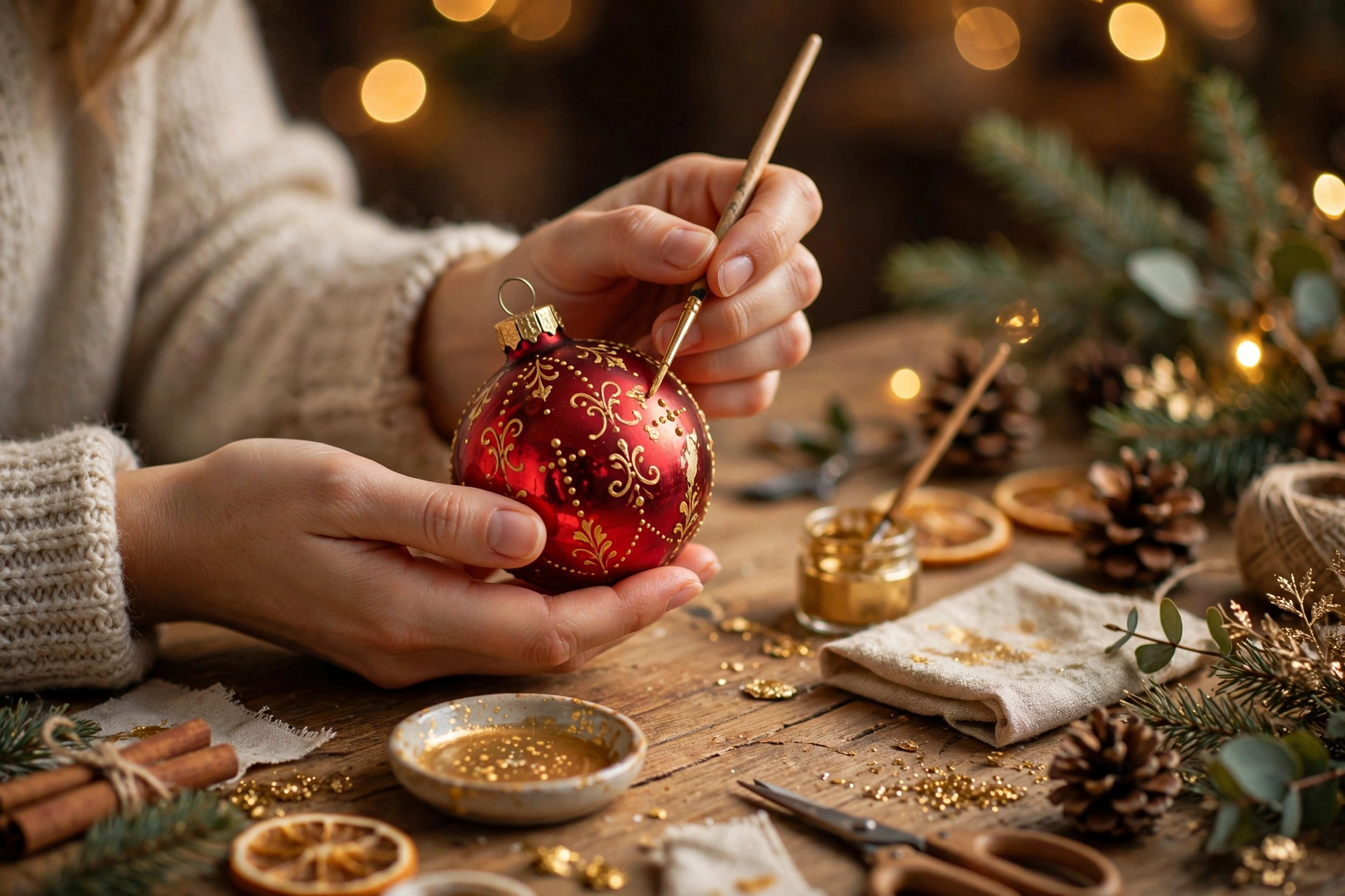 Handbemalte Weihnachtskugeln in Rot und Gold auf einem Holztisch mit Tannenzweigen