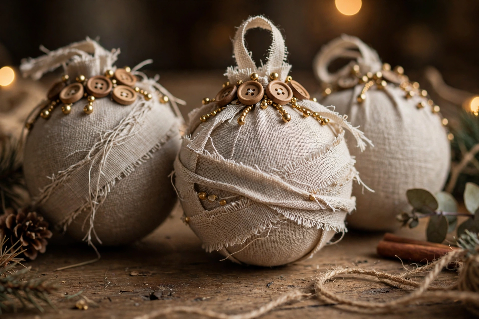 Weihnachtskugeln mit Stoffstreifen beklebt und goldenen Perlen verziert