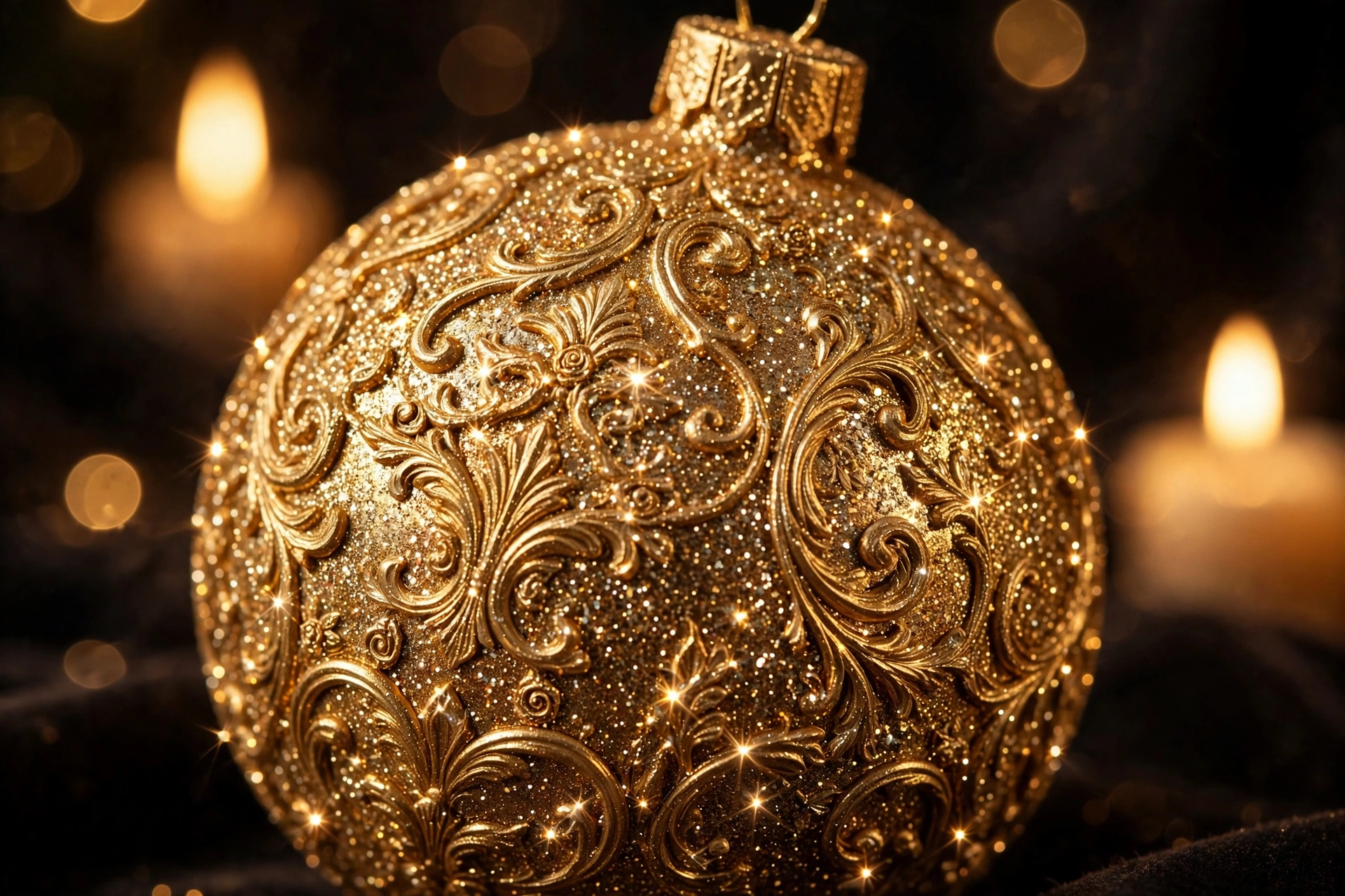Glitzernde Weihnachtskugel mit Reliefmuster in Gold