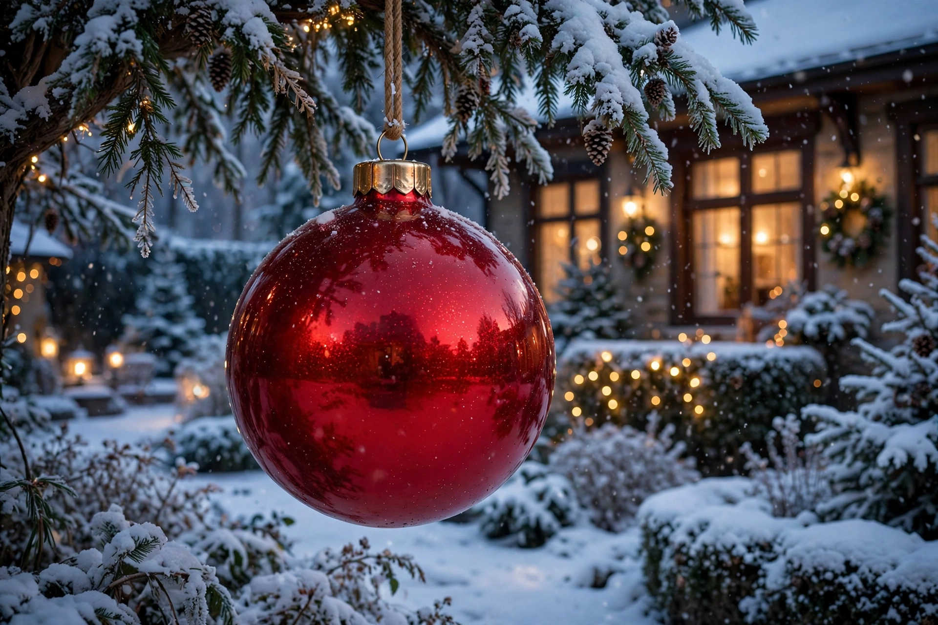 Riesige rote Weihnachtskugel im winterlichen Garten