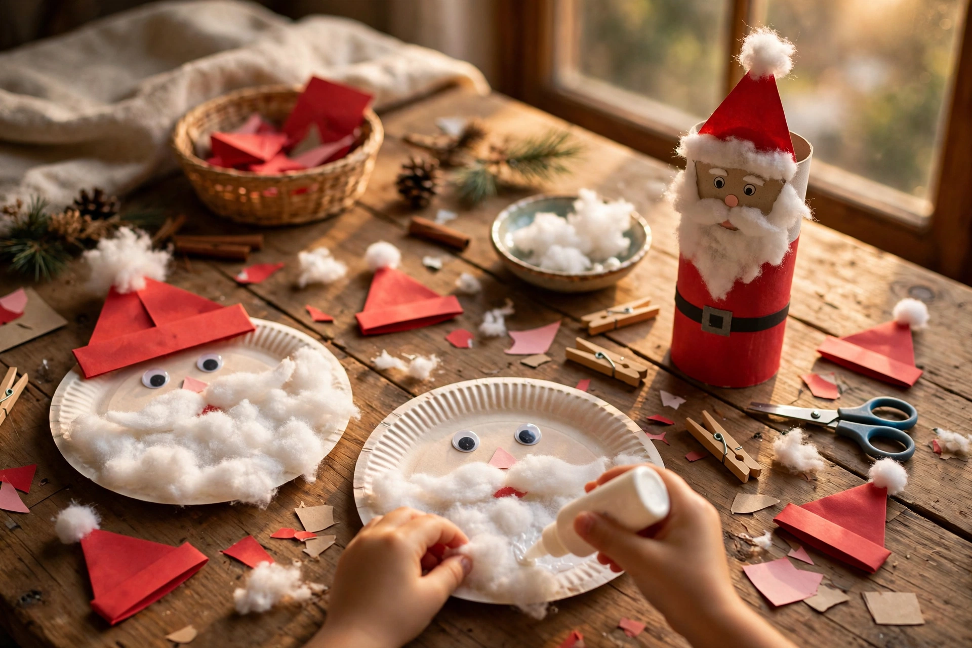 Basteltisch mit selbst gebastelten Weihnachtsmännern aus Papptellern und Klopapierrollen mit Wattebärten