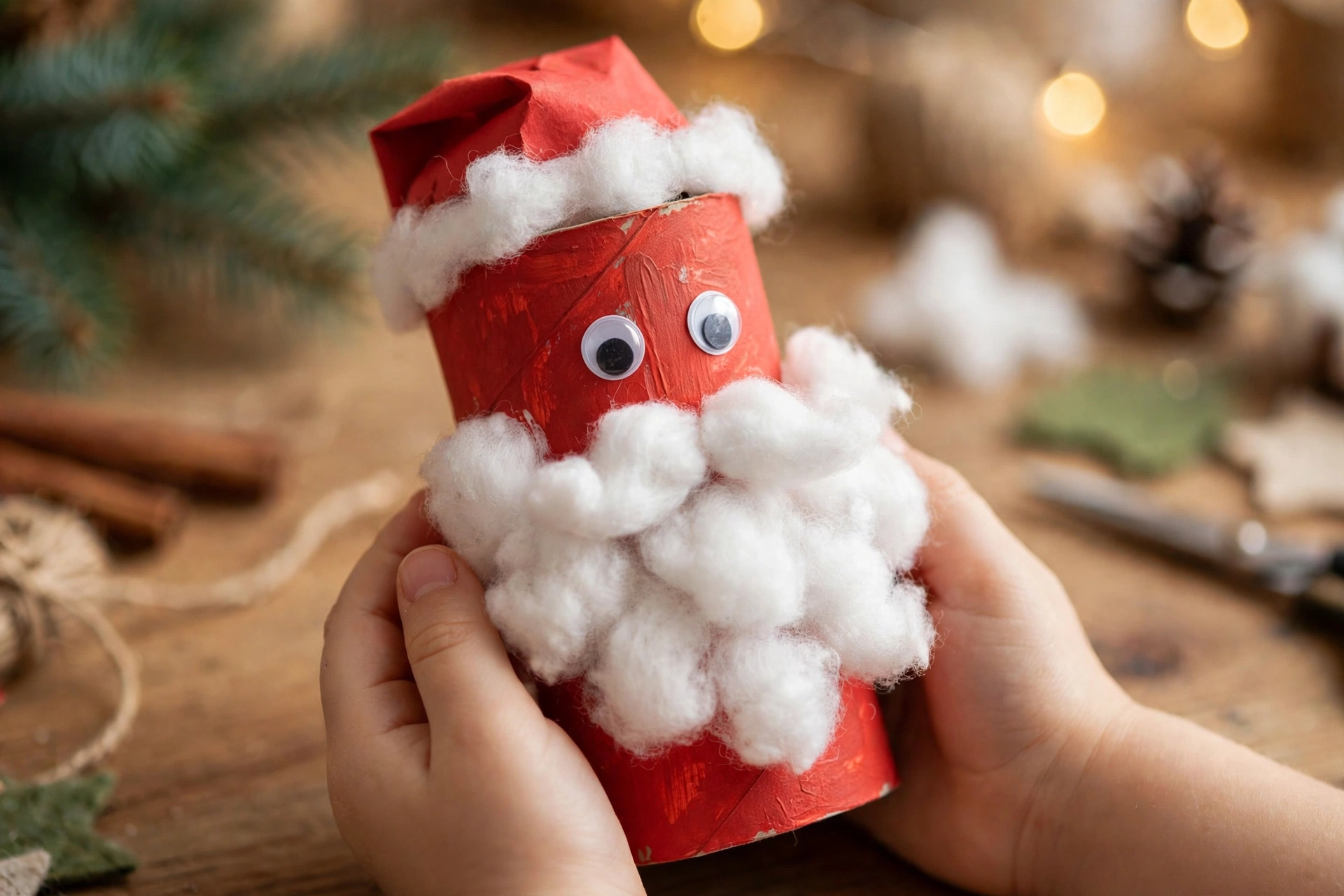 Selbst gebastelter Weihnachtsmann aus Klopapierrolle mit Wattebart in Kinderhänden