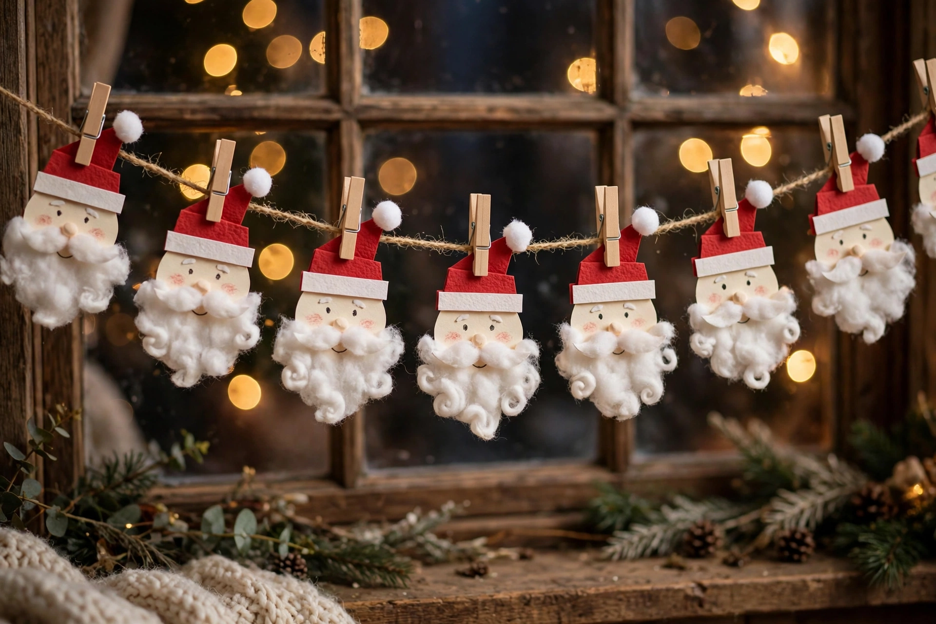 Weihnachtsmann aus rotem Tannenzapfen mit Filzmütze und Wattebart auf dem Basteltisch