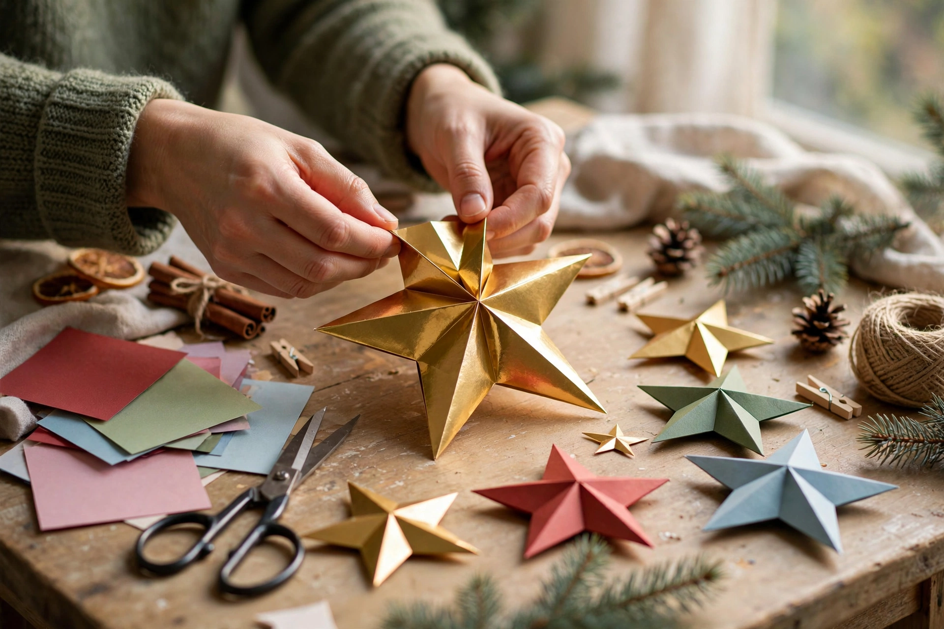 Hände falten einen goldenen Weihnachtsstern aus Papier auf einem Basteltisch
