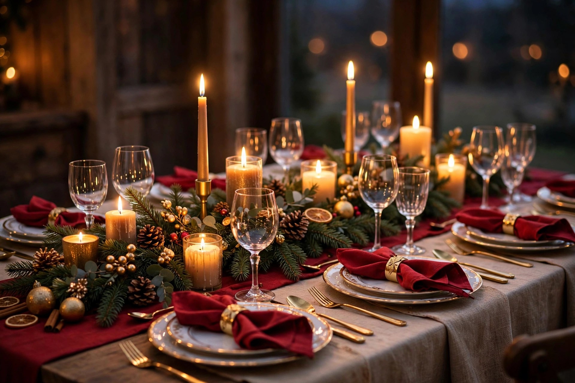 Festlich gedeckter Weihnachtstisch in Rot und Gold mit Tannengrün, Kerzen und gefalteten Servietten
