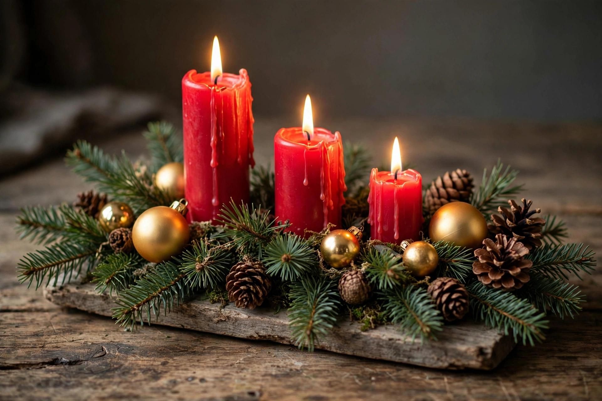Festliche Tafelmitte mit Tannengrün, Kerzen und Weihnachtskugeln