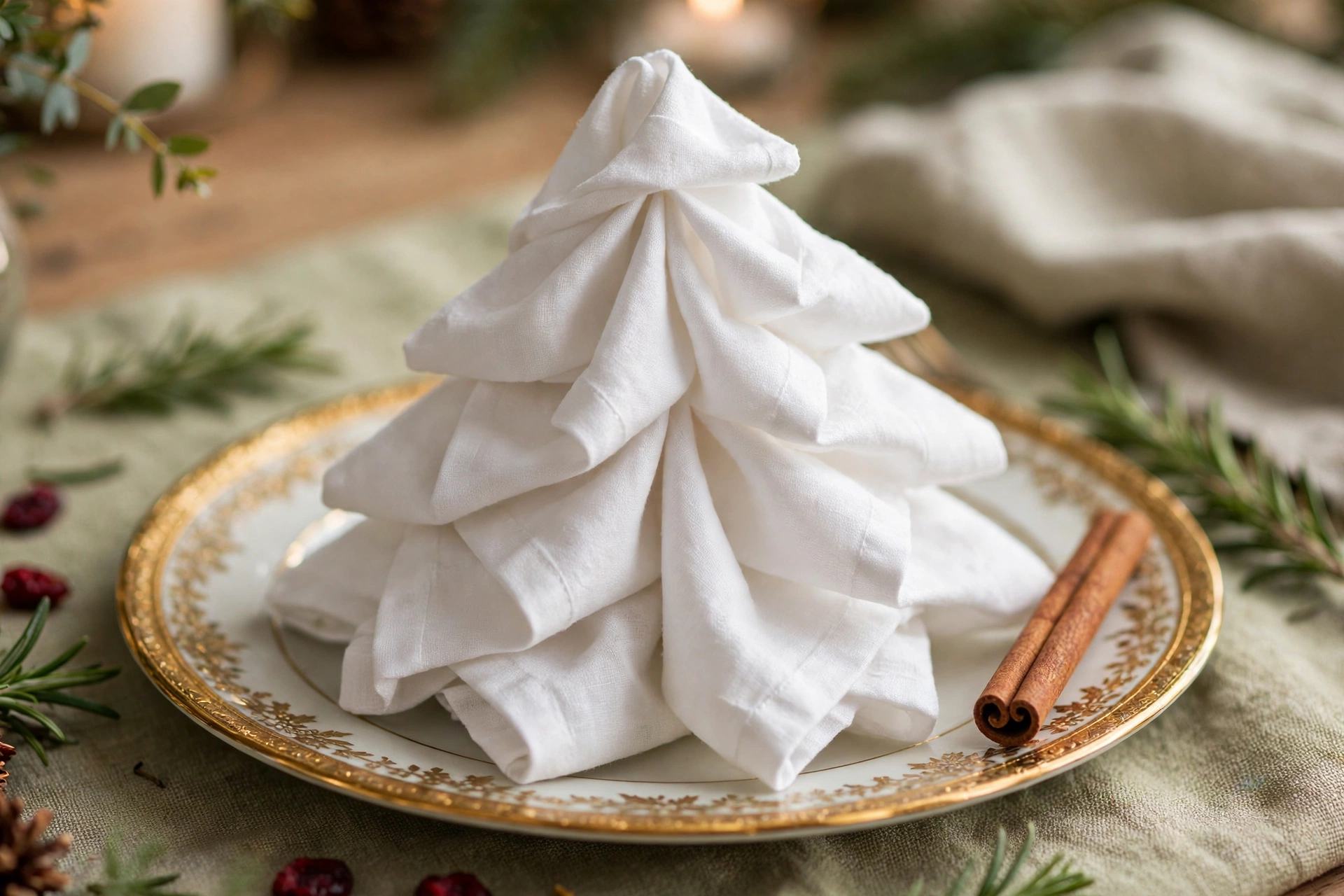 Als Tannenbaum gefaltete Serviette auf dem Festtagsteller