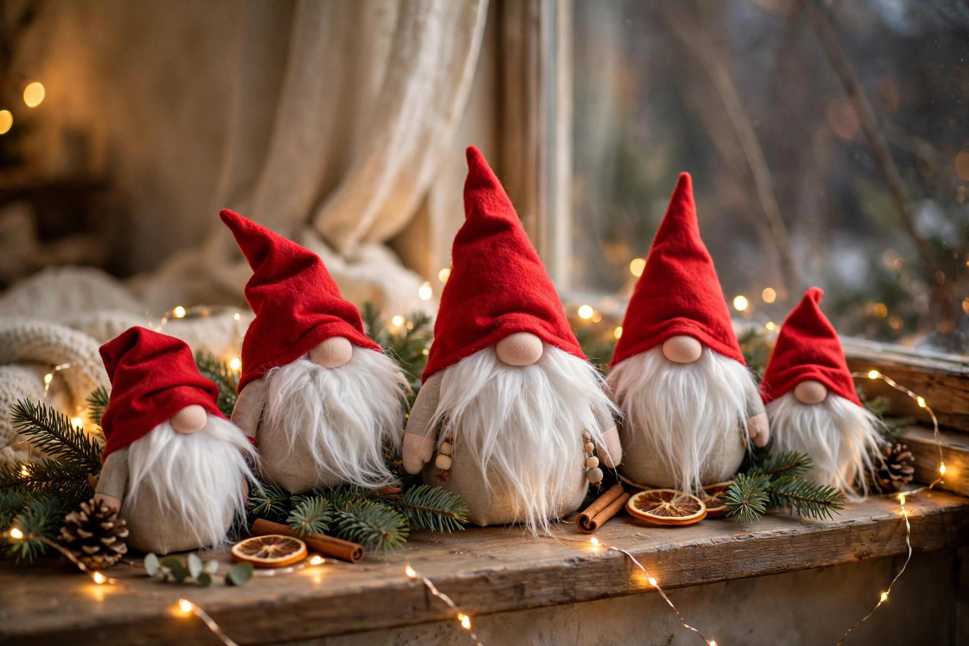 Handgebastelte Weihnachtswichtel mit roten Zipfelmützen und weißen Bärten auf einer Fensterbank mit Tannenzweigen und Lichterkette