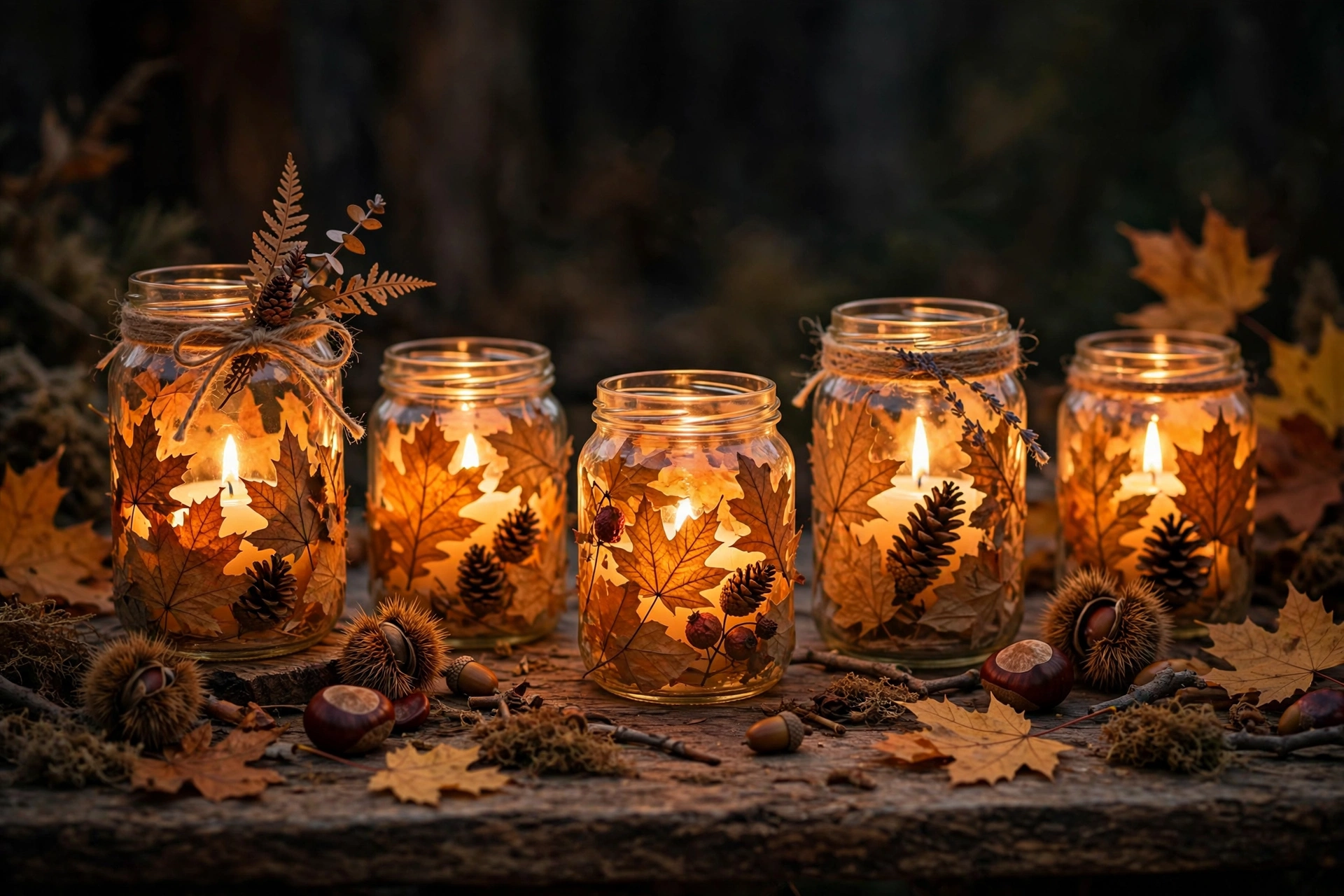 Mehrere leuchtende Herbst-Windlichter aus dekorierten Gläsern mit Kerzenlicht auf einem Holztisch