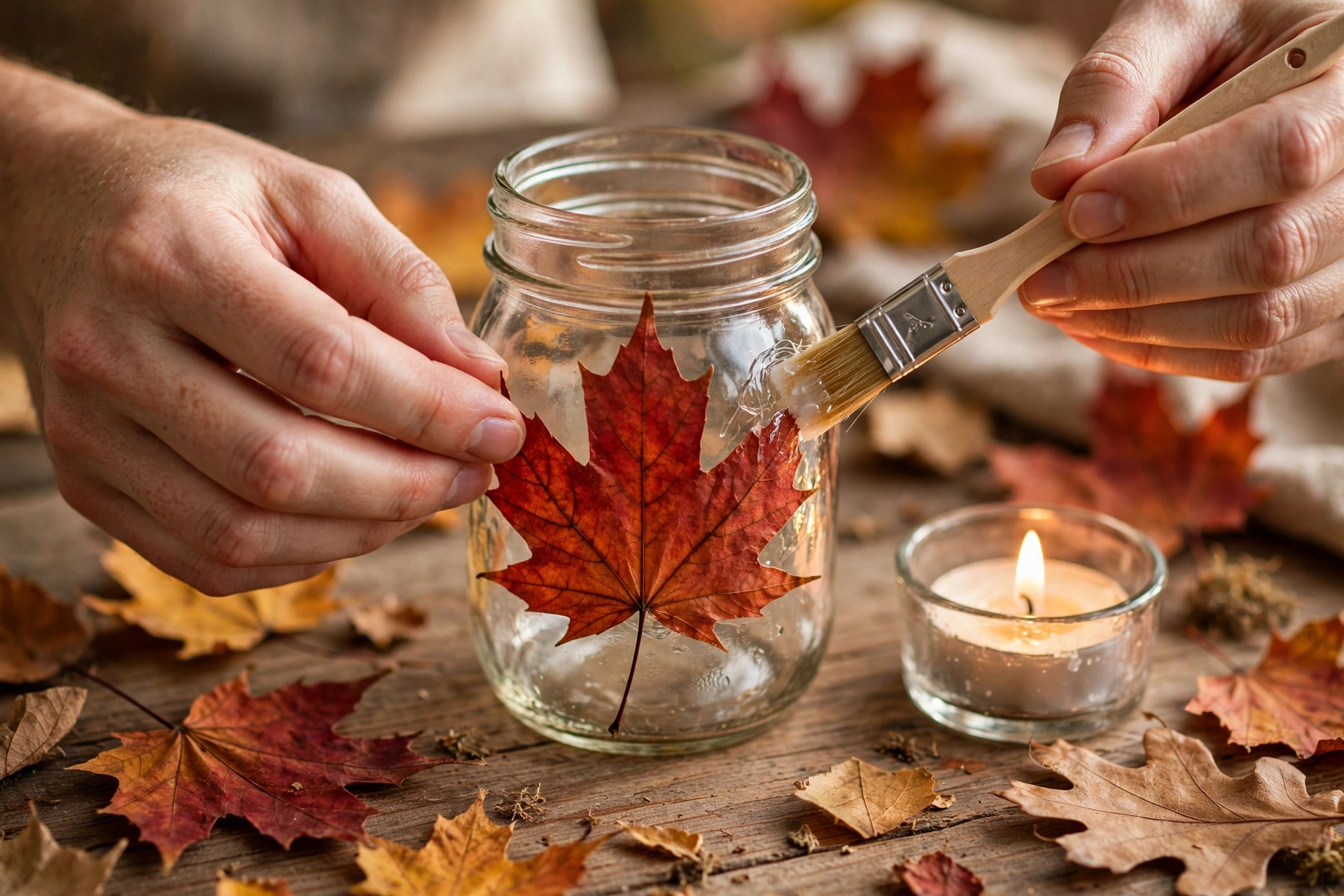 Hände kleben ein getrocknetes Herbstblatt mit Pinsel auf ein Einmachglas