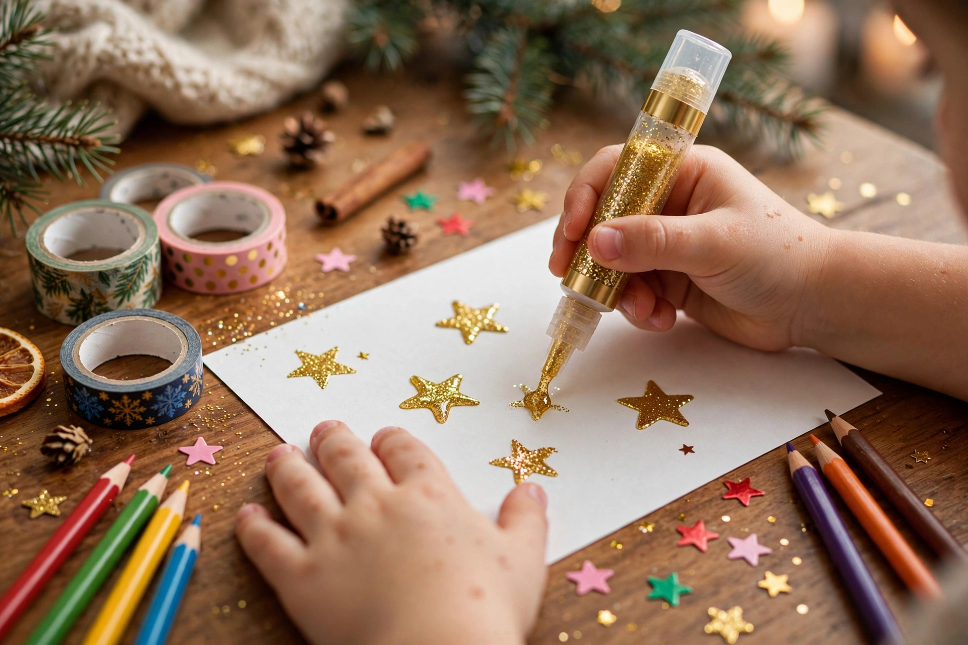 Kind verziert seinen Wunschzettel mit Glitzer und Stickern