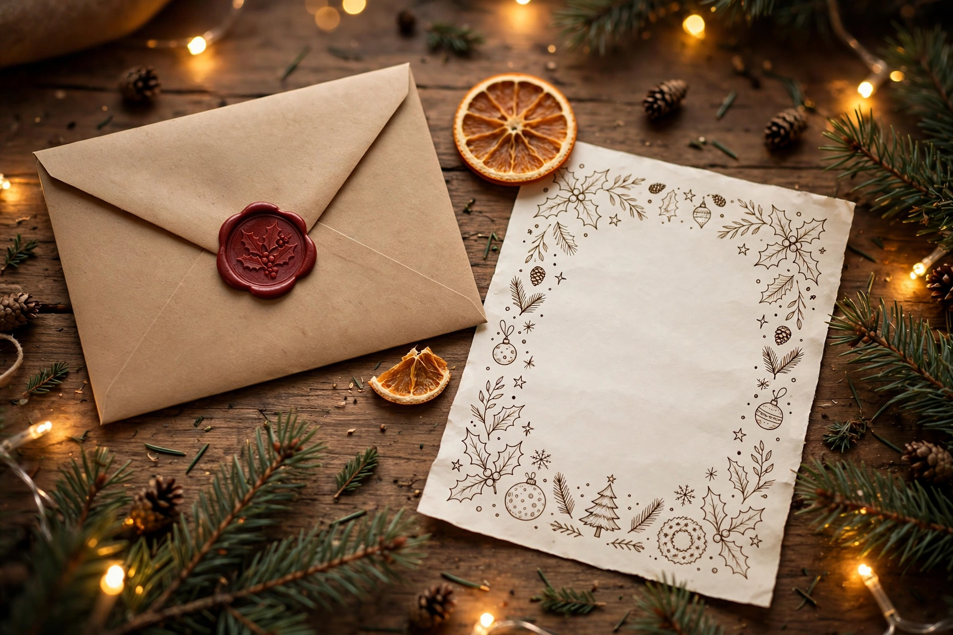 Briefumschlag mit Wunschzettel und weihnachtlicher Dekoration