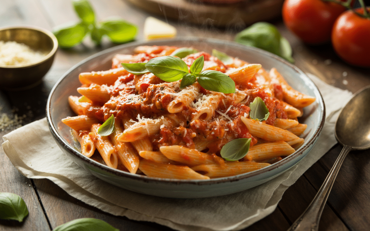 Delicious pasta with fresh basil garnish.