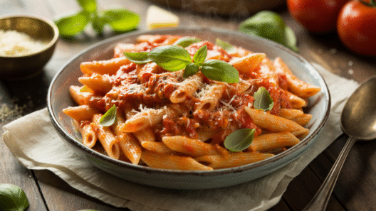 Delicious pasta with fresh basil garnish.