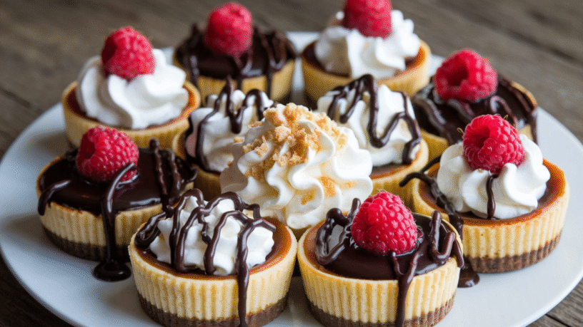 Mini cheesecakes topped with raspberries.